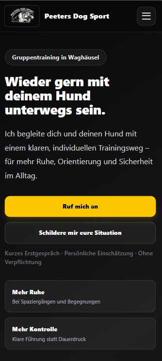 Mobile Ansicht der Website von Peeters Dogsport